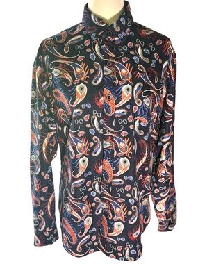 Planet B Men’s Navy Blue Paisley Button Down Shirt | Retro Print Long Sleeve